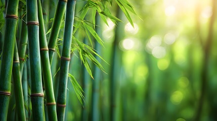 Fototapeta premium Vibrant green bamboo stalks rise upwards bathed in dappled sunlight within a dense grove