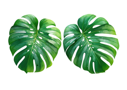 Two green monstera leaves against a black background