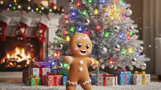 Festive Christmas Scene with Dancing Gingerbread Man - This festive scene features a decorated silver Christmas tree with colorful lights, silver ornaments, and a star on top.