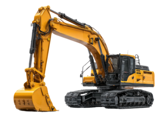 Yellow excavator, dark treads, arm extended, isolated view