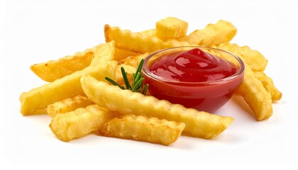 Golden Crinkle Cut French Fries with Ketchup on White Backdrop