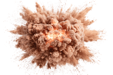 Explosion of Brown Powder Against Transparent Background with Central Orange Glow, Dynamic Movement and Fine Particles, PNG