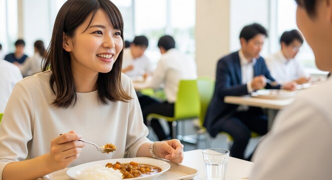笑顔あふれる交流、同僚と笑顔で食事をする若手社員たち - Powered by Adobe