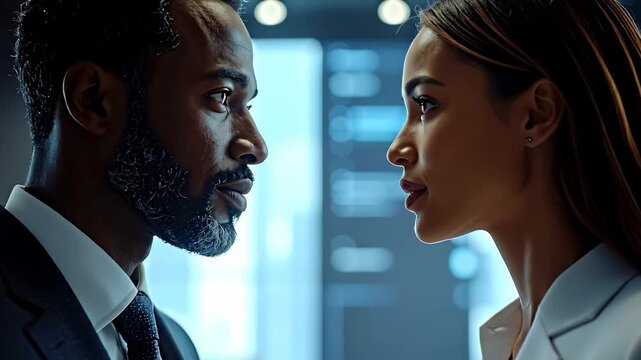Intense Confrontation - Two Professionals Face Off in a Corporate Setting.