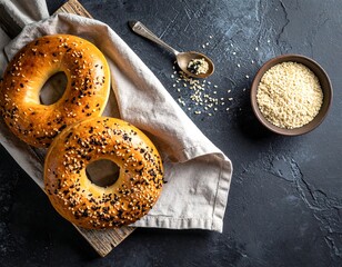 Freshly baked bagels with sesame seeds, with ingredients