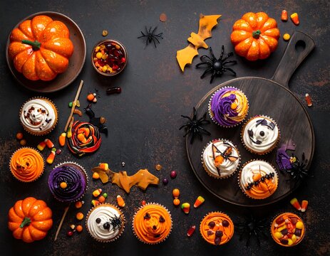 Festive flat lay of Halloween cupcakes, pumpkins, and candy on dark backdrop