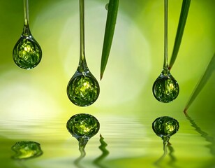 Droplets of water hanging from blades of grass, reflecting the greenery
