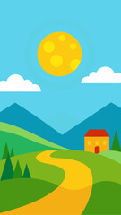 Fototapeta premium Stylized landscape with a winding road leading to a house under a bright sun and blue sky