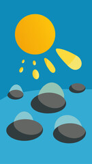 Stylized illustration of multiple flying saucers approaching a bright sun in a blue sky