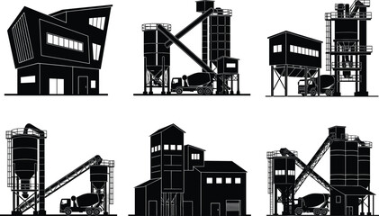 Concrete batching plant buildings and cement silos with mixer trucks vector illustration set for industrial construction and materials production