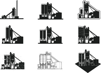 Concrete batching plant vector icons set with industrial silos, mixers, and conveyor systems for construction materials production illustration © Shuda
