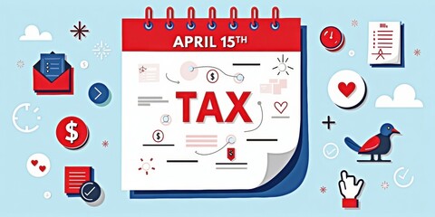 Tax day concept with calendar and dollar signs on light blue, a reminder to file taxes before April 15th deadline, financial planning