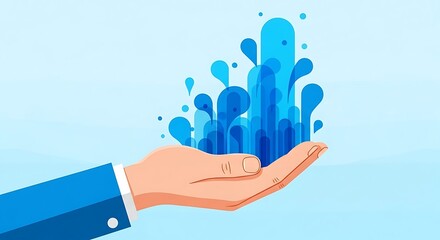 Nurturing innovative ideas with a helping hand and creative blue water drops symbolizing growth, ideal for startups and environmental campaigns