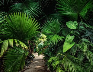 Lush Green Tropical Foliage with Sunlit Pathway Garden Scenery Botanical Abundance Leaves Exotic Plants Overgrown with a Verdant Green Palm Trees