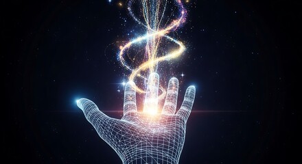 Holographic hand reaching out to cosmic energy, creating a futuristic and otherworldly experience for technology and innovation concepts