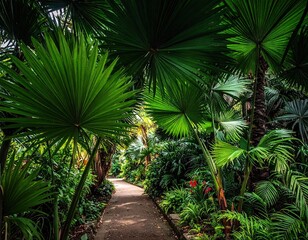 Lush Green Tropical Garden Path with Palm Trees and Vibrant Foliage