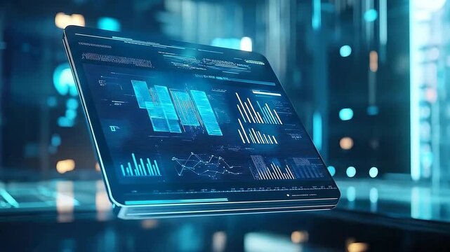 A sleek futuristic holographic tablet floating in mid-air within a high-tech data environment. The tablet displays glowing blue charts, graphs, and analytics panels that animate gently in real time.