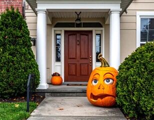 Front door with carved pumpkin and fall decor