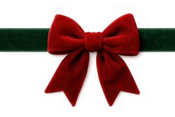 Red velvet christmas bow and green ribbon accenting festive gifts and seasonal decorations on transparent background