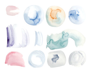 Watercolor blobs, brushstrokes, and round shapes in pastel blues, pinks, and oranges on a black background