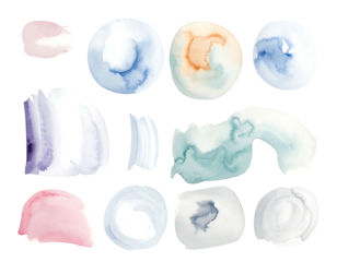 Watercolor blobs, brushstrokes, and round shapes in pastel blues, pinks, and oranges on a black background