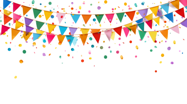 Festive Multicolored Pennant Banner with Confetti on Transparent Background Perfect for Celebrations and Party Decoration Element, PNG