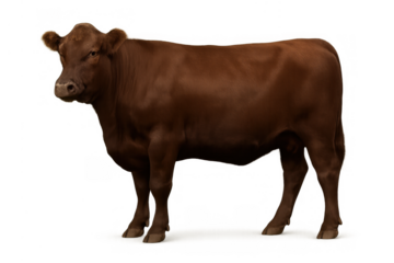 Red angus cow standing, brown cattle for beef production, farm animal isolated with transparent background
