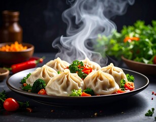 Dumplings with steam, vegetables on a plate. Dark background. Close-up shot