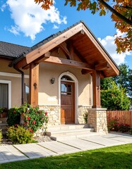 Front porch of a house, wood elements, stone pillars, and red flowers