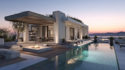 Modern luxury villa with swimming pool and outdoor lounge area