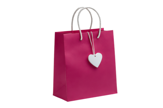 Pink paper gift bag with white heart tag and white rope handles on black magenta, Png, Isolated on Transparent Background, Cut Out