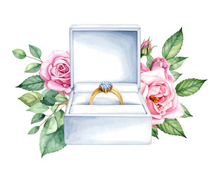Watercolor painting of a golden ring in a white box, adorned by pink roses and green leaves on a black background