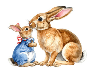 Watercolor painting of a mother bunny kissing her baby bunny wearing a blue dress