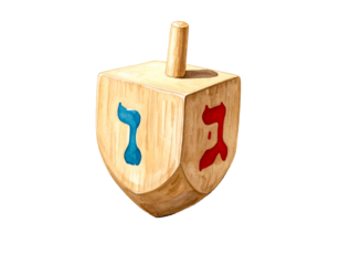Watercolor dreidel with Hebrew letters. Brown, blue, and red on light brown wood. Isolated on black background