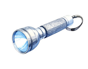 Watercolor painting of a silver flashlight with a bright blue light, isolated on a black background