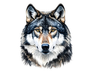 Watercolor painting of a wolf's head, featuring intricate details in shades of gray, brown, and black
