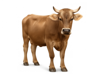 Brown cow, a horned farm animal, standing still and looking directly at the camera, cut out on a transparent background