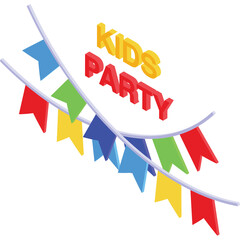 Colorful Party Bunting Flags With 3d Text Kids Party On White Background