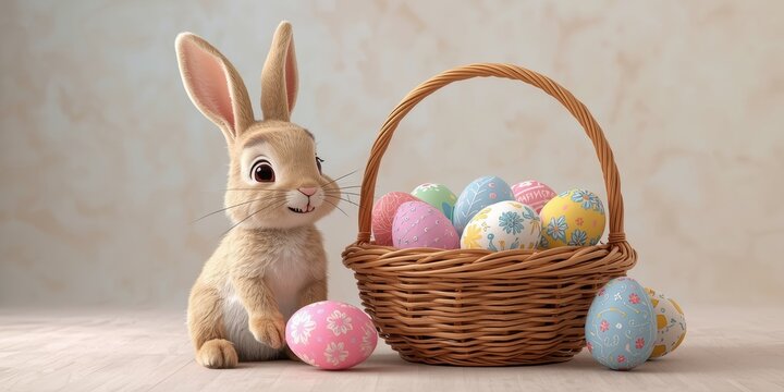Adorable bunny with decorated eggs in wicker basket celebrates Easter joy perfect for greetings, cards, and seasonal promotions