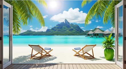 Tropical paradise view through open doors with beach chairs and turquoise water