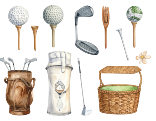 Watercolor golf illustration balls on tees, clubs, bag, and basket on a black background, with a small flower