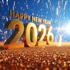Golden happy new year 2026 text with sparkling fireworks and confetti celebration