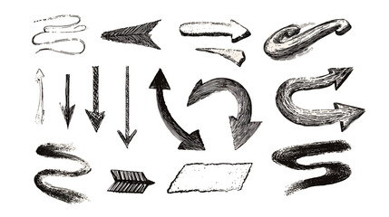 Hand Drawn Arrows Set on Transparent Background Black and White Chalk Style Vector Illustration Indicating Direction and Movement in Various Shapes, PNG