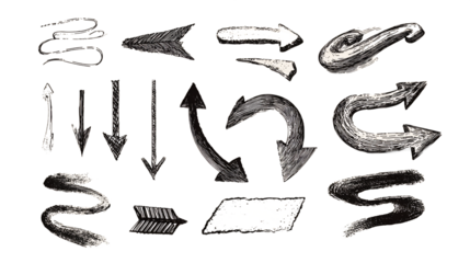 Hand Drawn Arrows Set on Transparent Background Black and White Chalk Style Vector Illustration Indicating Direction and Movement in Various Shapes, PNG