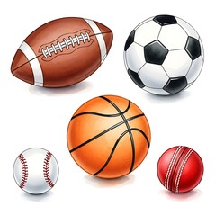 Collection of five popular sports balls, including football, soccer, basketball, baseball, and cricket