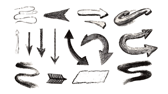 Hand Drawn Arrows Set on Transparent Background Black and White Chalk Style Vector Illustration Indicating Direction and Movement in Various Shapes, PNG