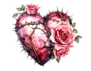 Watercolor heart entangled in thorny branches and adorned with roses, against a black background