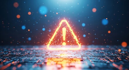 Glowing orange triangle warning symbol with exclamation mark on futuristic digital background