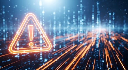 Glowing orange exclamation mark warning symbol in digital network data stream with futuristic blue background