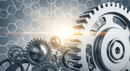 Close up of interlocking metal gears and cogs with glowing light and abstract technological background